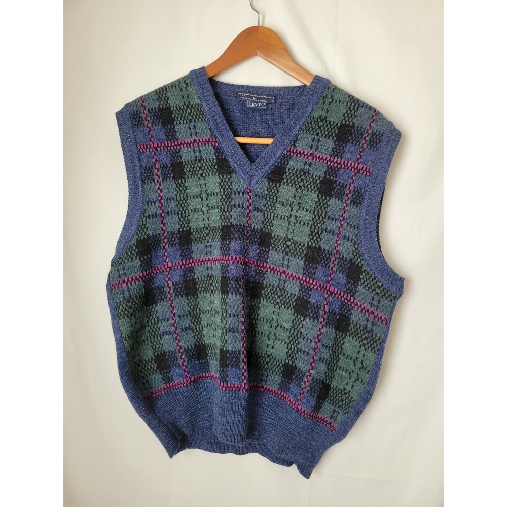 Levi's Men's Vintage Plaid Sweater Vest Size L Blue Green Black Pink V-Neck Knit